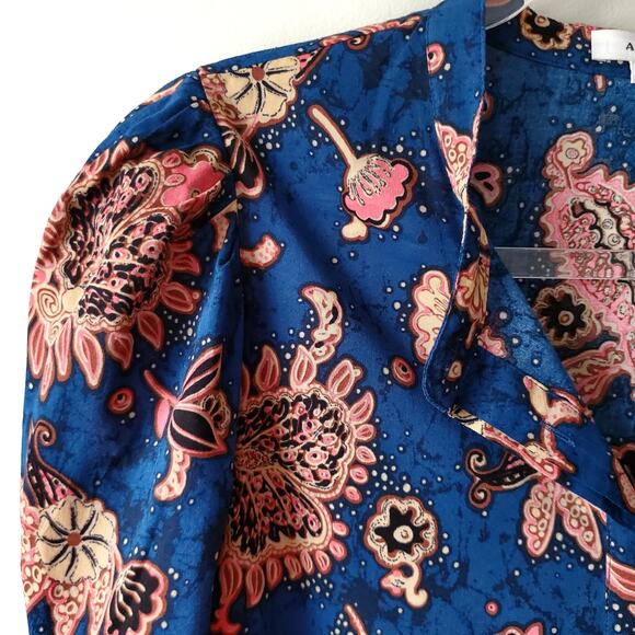 ALC Women Marci Abstract Floral Blouse 4 Blue Paisley Puff Shoulder Contemporary - Picture 4 of 12